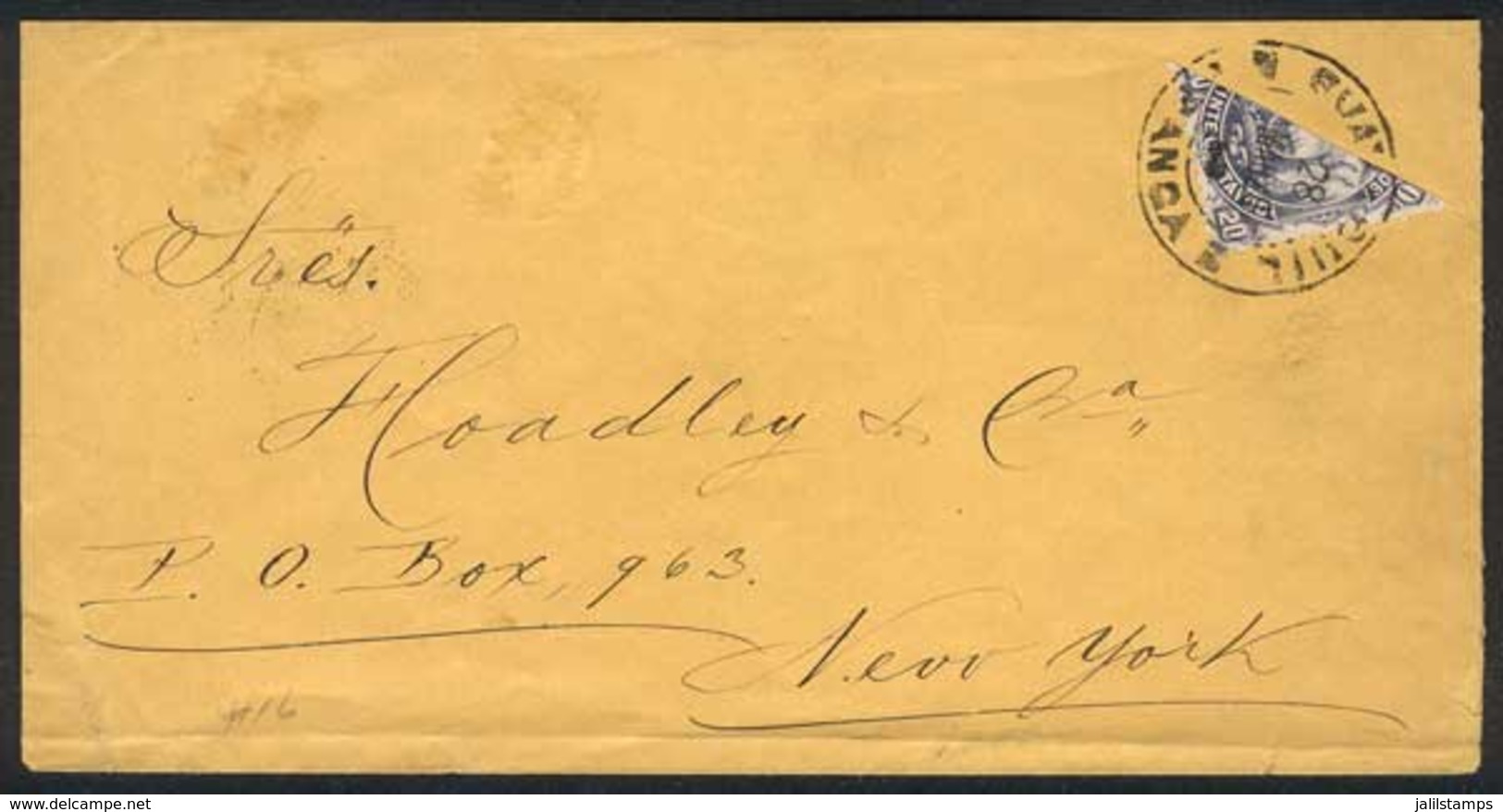 678 ECUADOR: Cover Franked With BISECT 20c. (Sc.16), Sent From Guayaquil To New York On - Equateur
