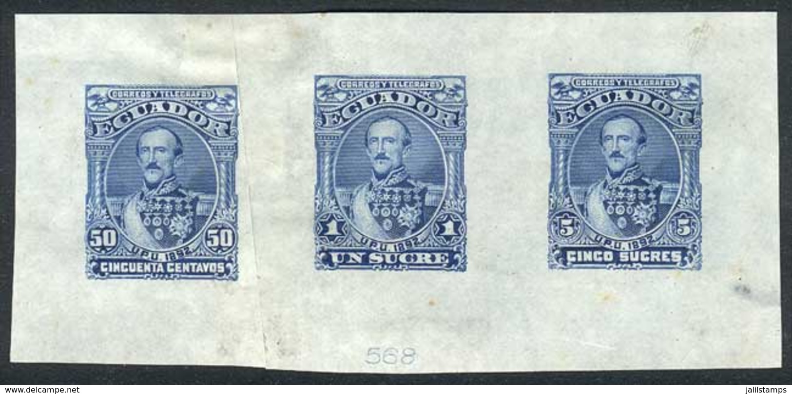 691 ECUADOR: Multiple Die Proof With Values 50c., 1S. And 5S. (Sc.28/30), Printed In Blu - Equateur