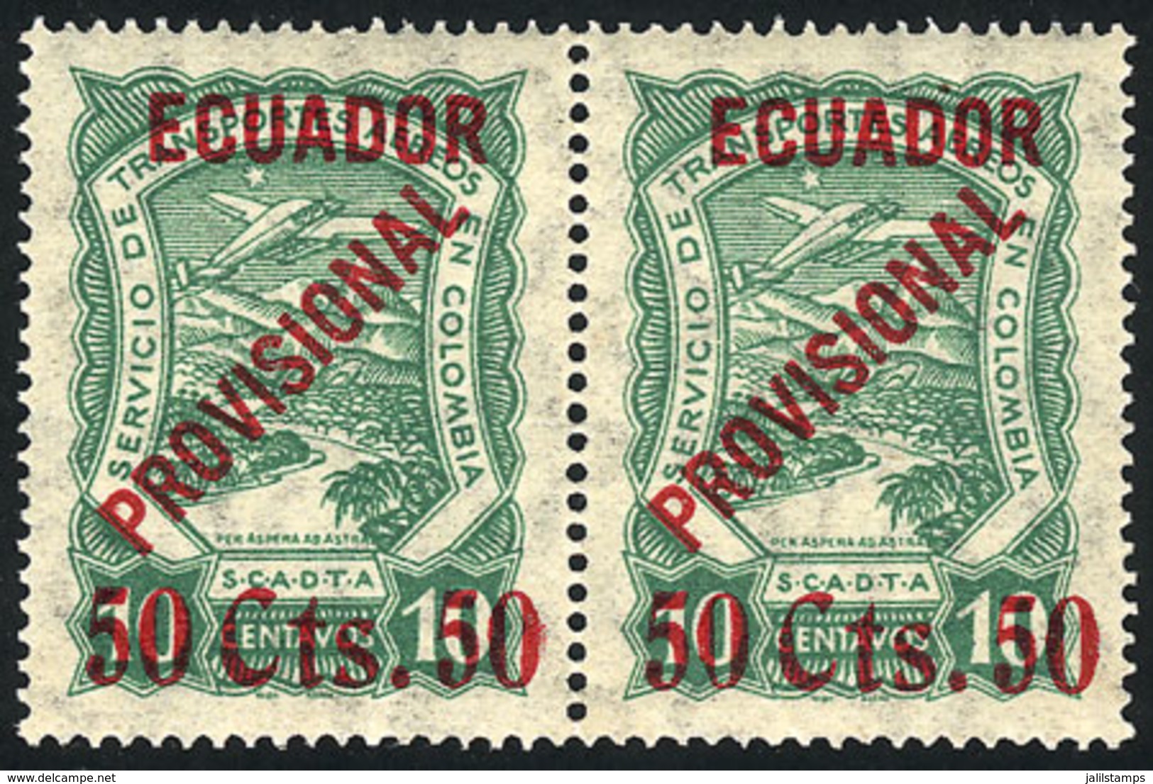 694 ECUADOR: Sc.C6 (Yvert A.1), 1928 50Cts. On 10c. Green, Extremely Rare MNH Pair Of Ex - Ecuador