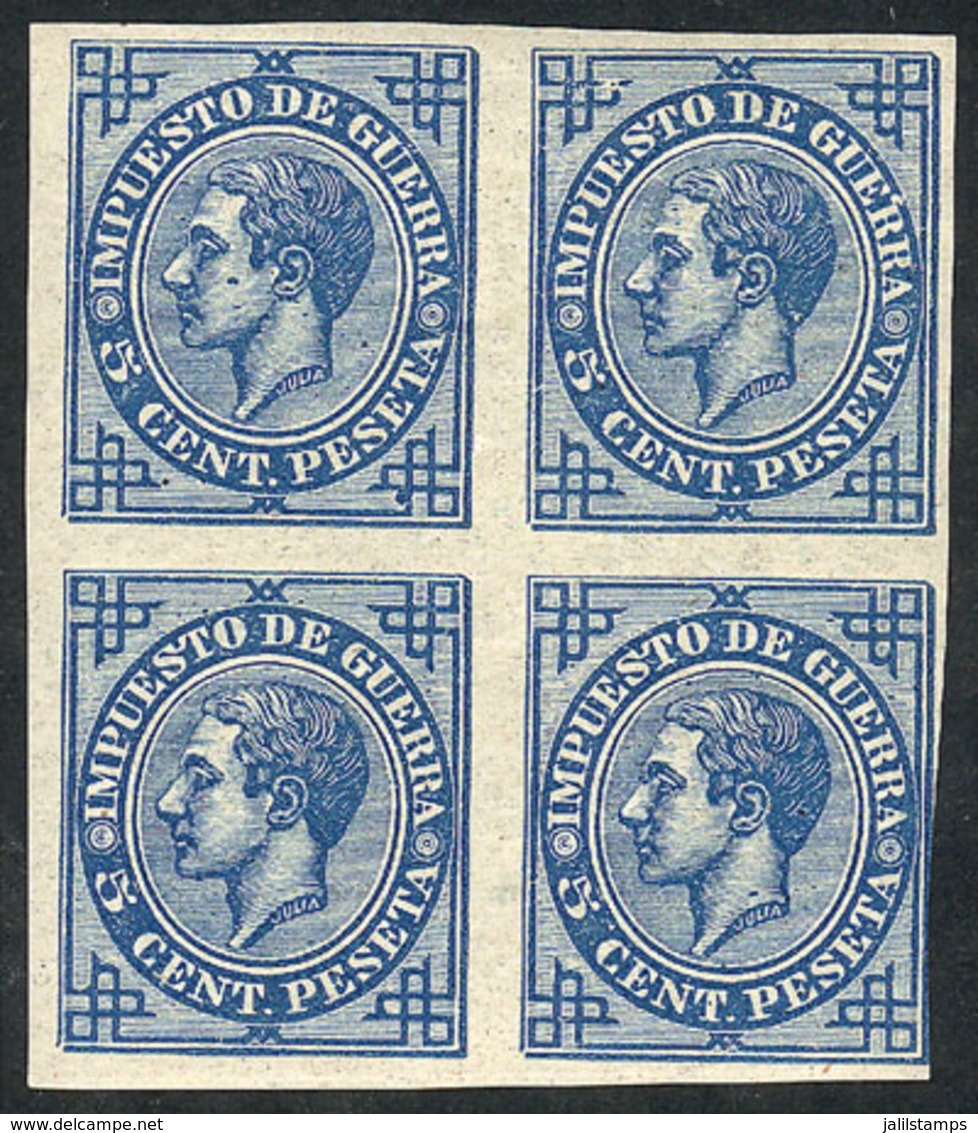 706 SPAIN: Sc.MR5, 1876 5c. Alfonso XII, IMPERFORATE Block Of 4 With Color Error (blue I - Autres & Non Classés