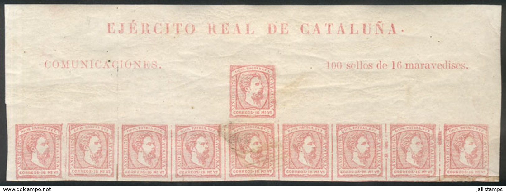 707 SPAIN: Sc.X4, 1874 16m. Rose, Top Part Of The Sheet With 10 Stamps With Inscriptions - Autres & Non Classés