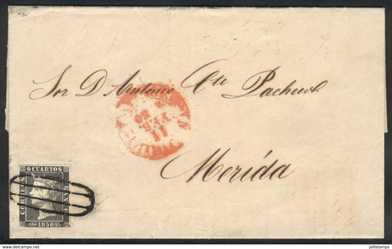 708 SPAIN: 11/FE/1850 Madrid - Mérida: Entire Letter Franked With 6c. Black Of 1850 (Sc. - Autres & Non Classés