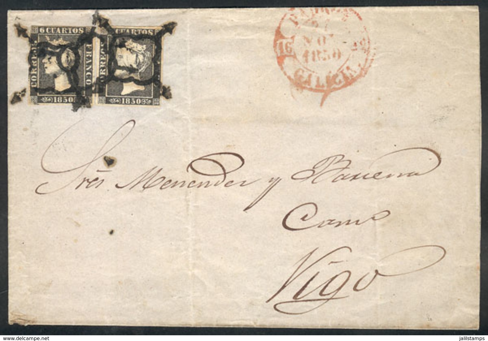 710 SPAIN: 27/NO/1850 Galicia - Vigo: Folded Cover Franked By Sc.1 X2, With "spider" - Autres & Non Classés