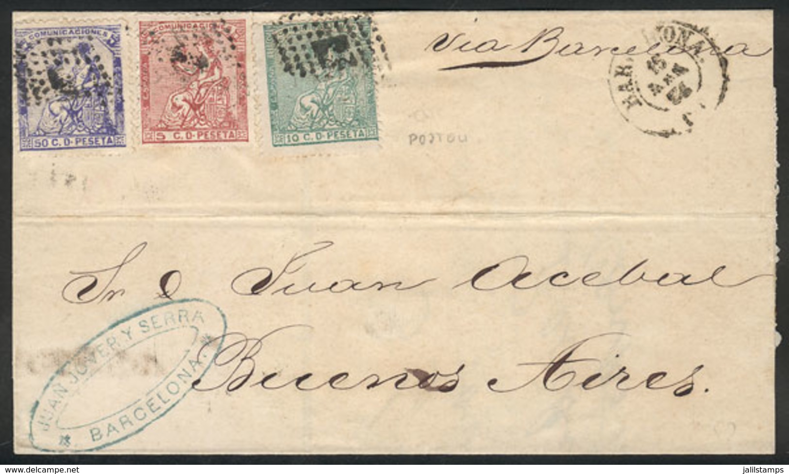 711 SPAIN: 16/AP/1874 Barcelona - Buenos Aires: Folded Cover With Beautiful Tri-color Po - Autres & Non Classés