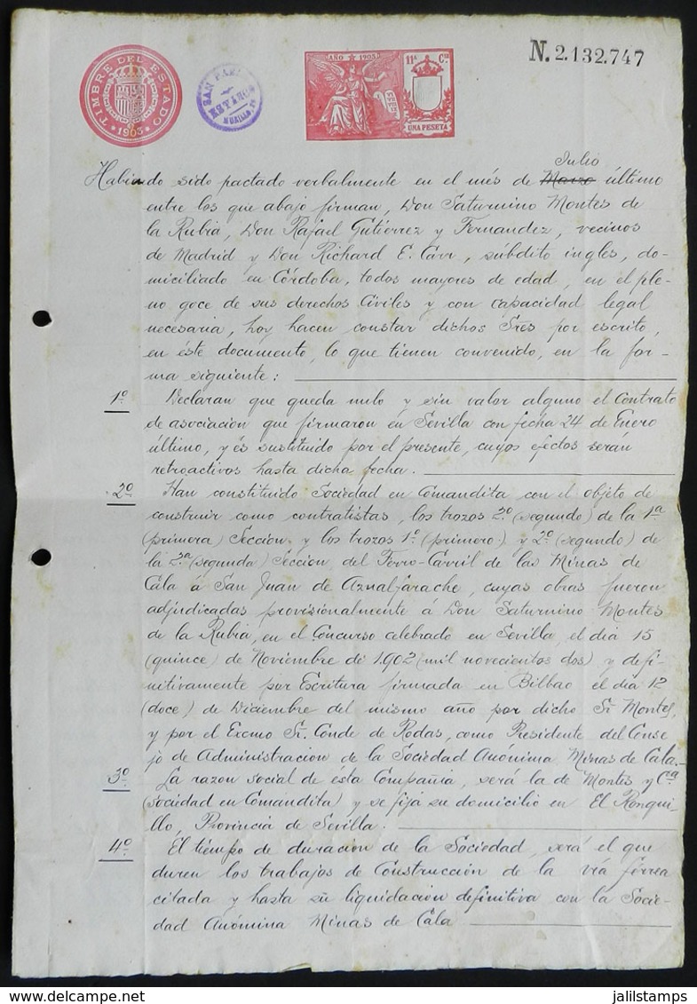 720 SPAIN: ORIGINAL CONTRACT FOR BUILDING RAILWAY In 1903: Very Interesting Document On - Autres & Non Classés
