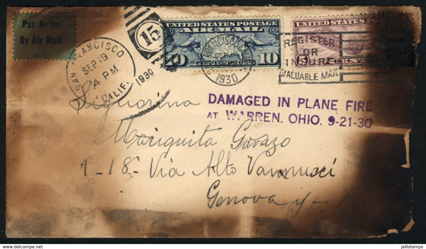 723 UNITED STATES: "PLANE WRECK: Cover Sent From San Francisco To Genova (Italy) On 19/S - Marcophilie