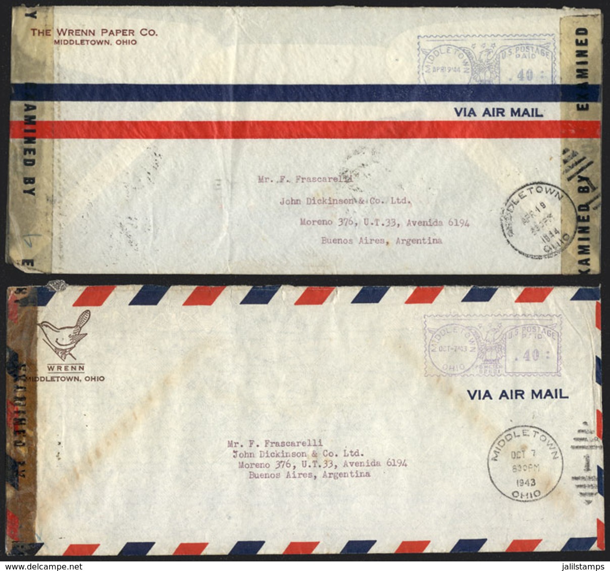 725 UNITED STATES: 6 Airmail Covers Sent To Argentina In 1943 And 1944, All With Meter P - Marcophilie