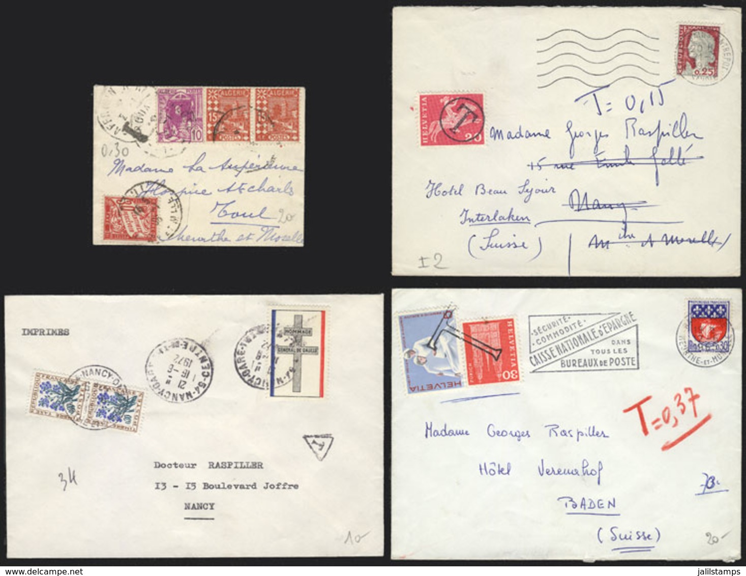 748 FRANCE: 4 Covers Used Between 1936 And 1972, All WITH POSTAGE DUES: From Argelia To - Autres & Non Classés