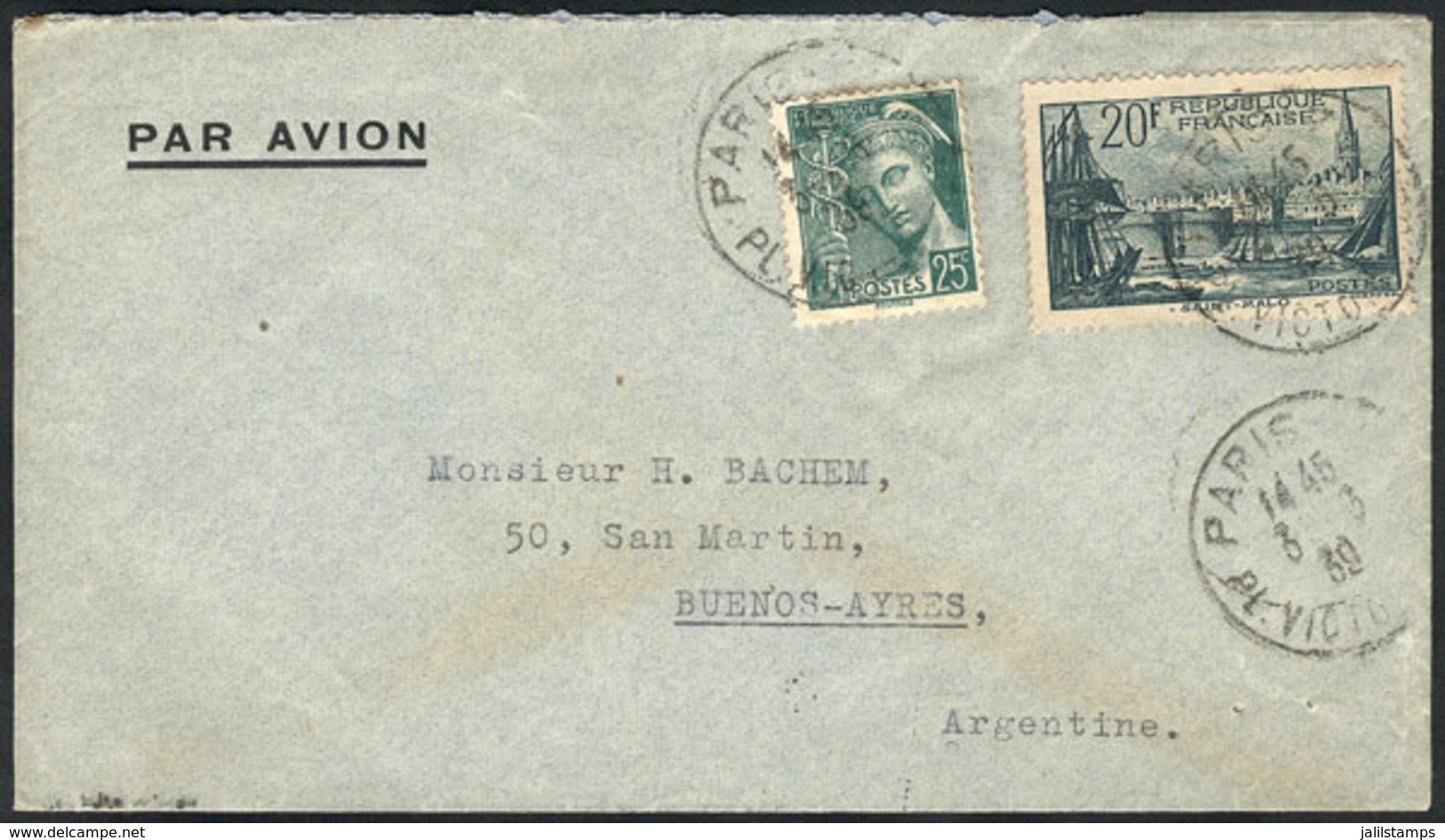 750 FRANCE: Cover Franked With 20.25Fr., Sent From Paris To Argentina On  3/MAY/1939, VF - Autres & Non Classés