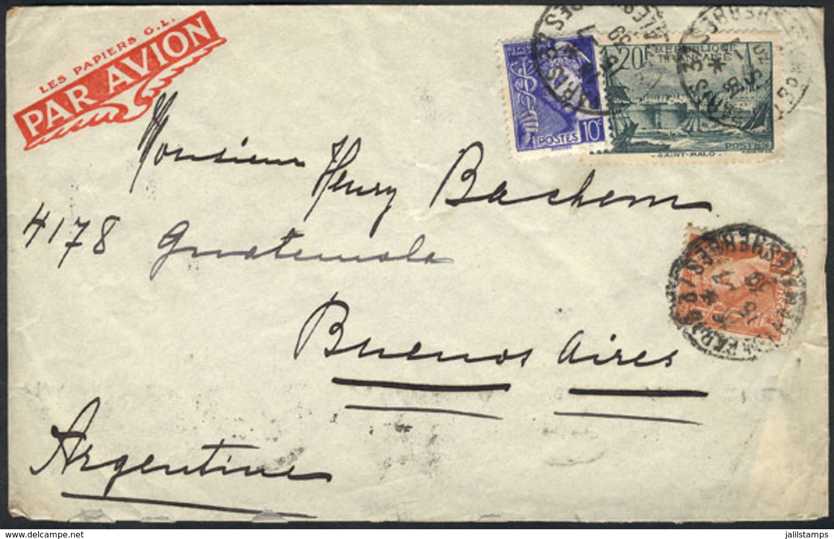751 FRANCE: Cover Franked With 20.25Fr., Sent From Paris To Argentina On  15/JUL/1939, V - Other & Unclassified