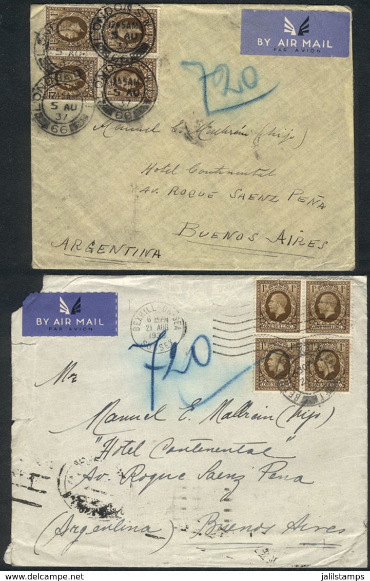 777 GREAT BRITAIN: 2 Covers Franked With Sc.220 Blocks Of 4, Sent To Argentina In 1936 A - Service