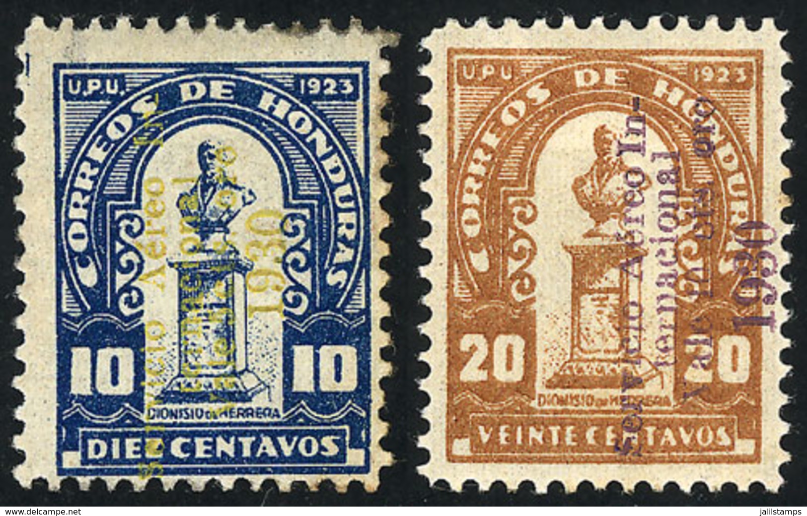 811 HONDURAS: Sc.C21 + C24, 1930 5c. On 10c. With YELLOW Overprint + 10c. On 20c., VIOLE - Honduras
