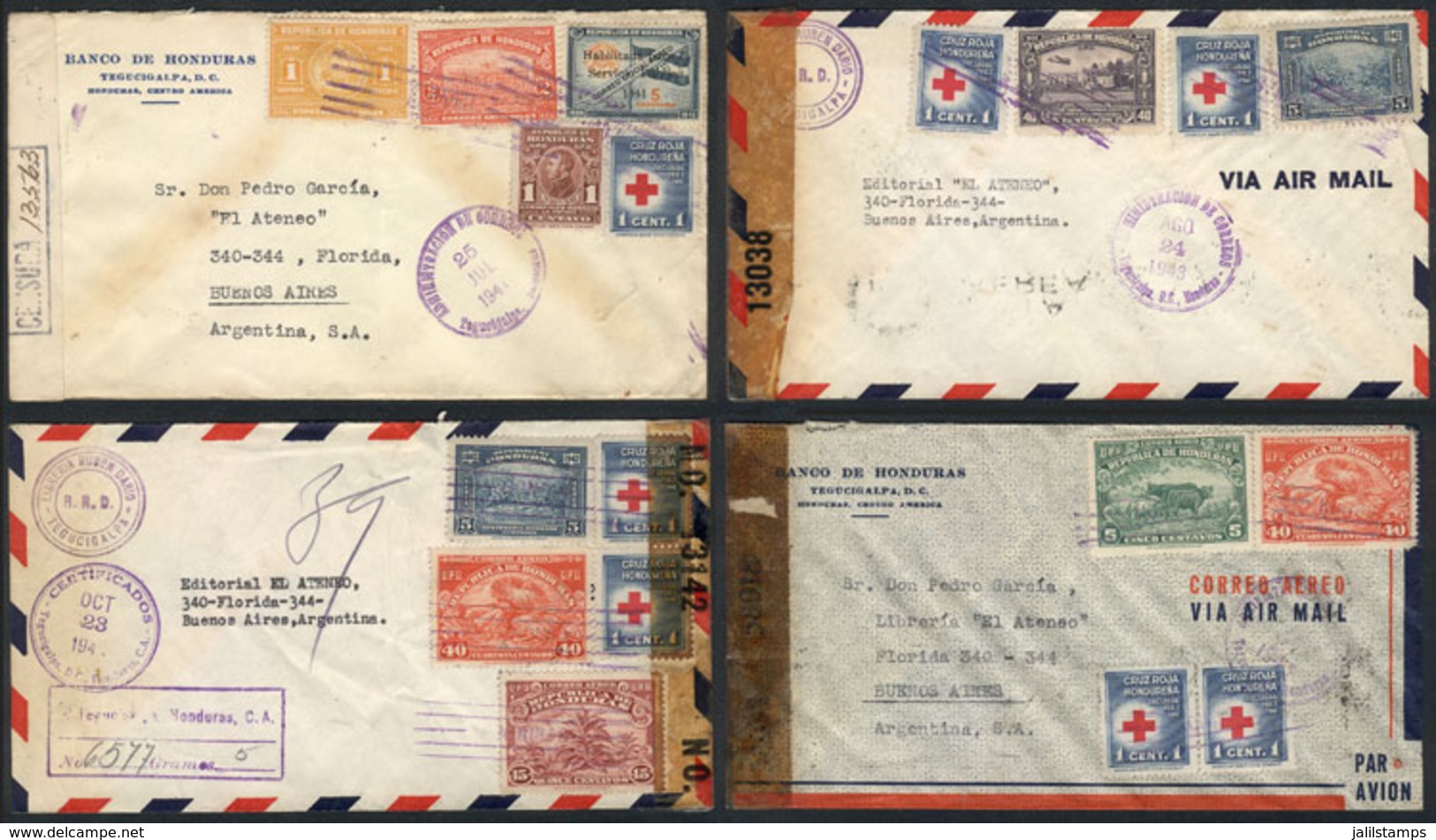 813 HONDURAS: 9 Covers Sent To Argentina Between 1942 And 1945, With Spectacular And Col - Honduras