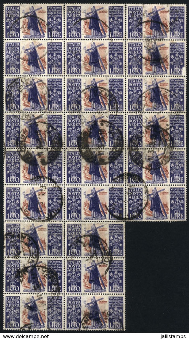 862 ITALY: Sc.127, 1948 100L. Sta. Catherina, Used Block Of 24 Stamps, 8/9 Examples With - Non Classés