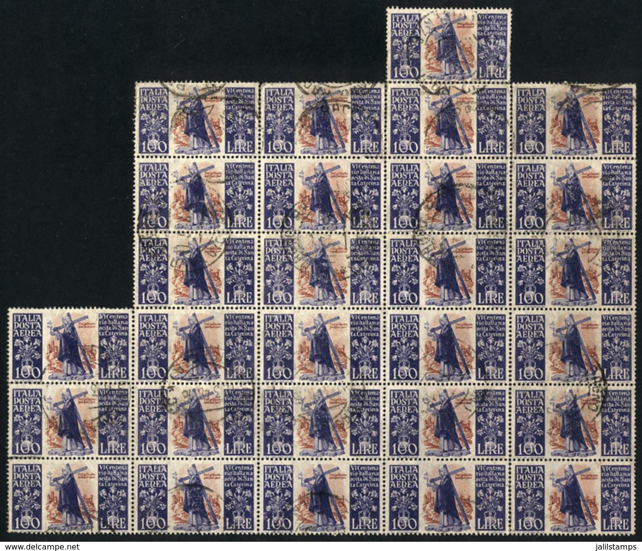 864 ITALY: Sc.127, 1948 100L. Sta. Catherina, Used Block Of 28 Stamps, 7 Examples With M - Non Classés