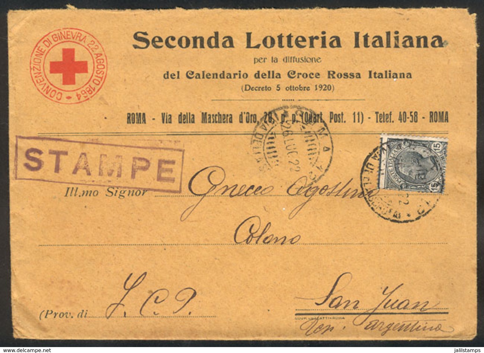 870 ITALY: Cover With Corner Card Of "Seconda Lotteria Italiana" Sent To Argentina On - Non Classés