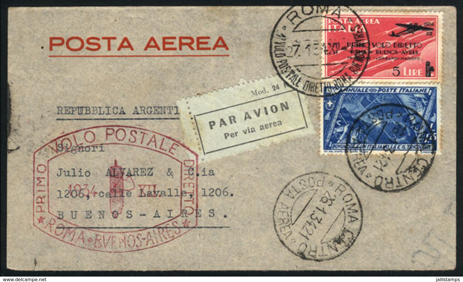 873 ITALY: 27/JA/1934 Roma - Buenos Aires: First Direct Flight, With Special Marks On Fr - Non Classés