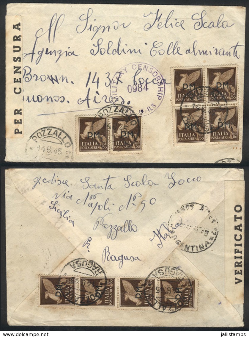 877 ITALY: Cover Sent From Pozzallo To Argentina On 14/JUN/1945 Franked With 5L. (10 St - Non Classés