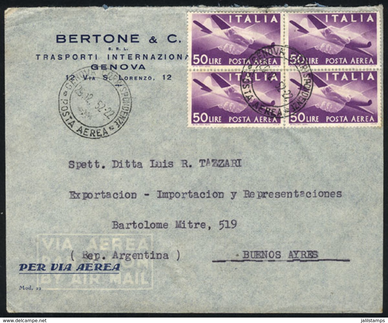 882 ITALY: Airmail Cover Sent From Genova To Argentina On 29/DE/1952, Franked With Block - Non Classés