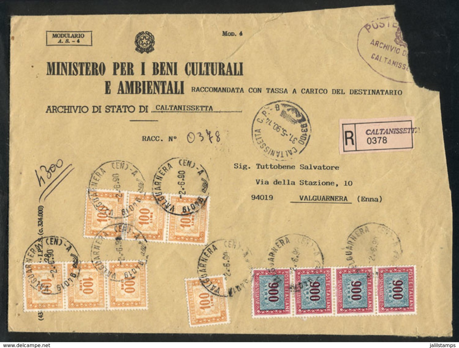 884 ITALY: Registered Official Cover Sent From Caltanissetta To Valguarnera On 31/MAY/19 - Non Classés