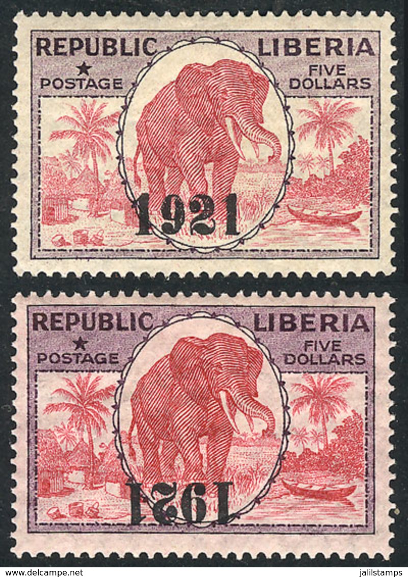 921 LIBERIA: "Sc.208, 1921 $5 Elephant With INVERTED "1921" Overprint, Along A Normal - Liberia