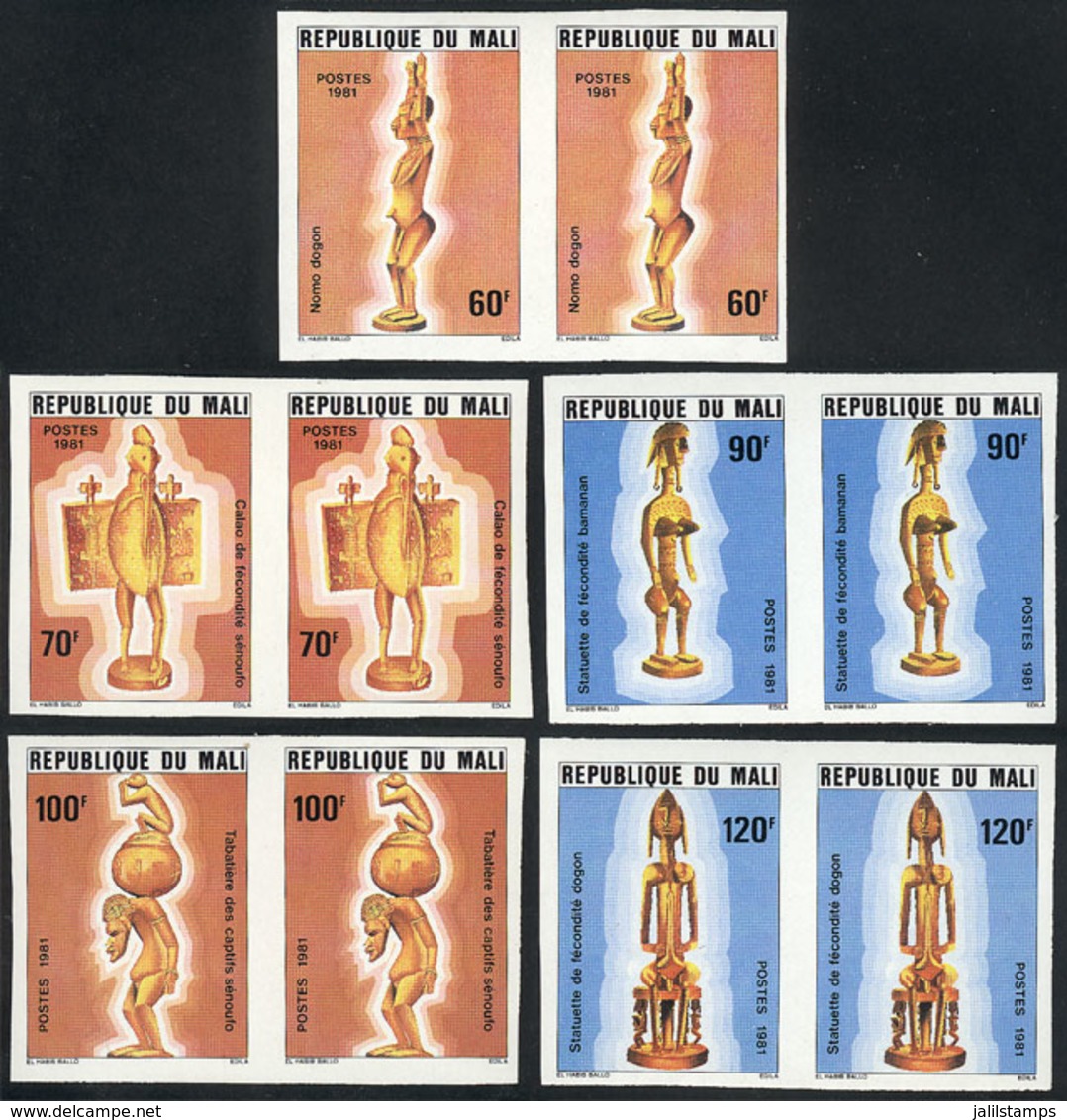 1000 MALI: Yvert 403/407, 1981 Art, Complete Set Of 5 Values, IMPERFORATE PAIRS, VF Quali - Mali (1959-...)