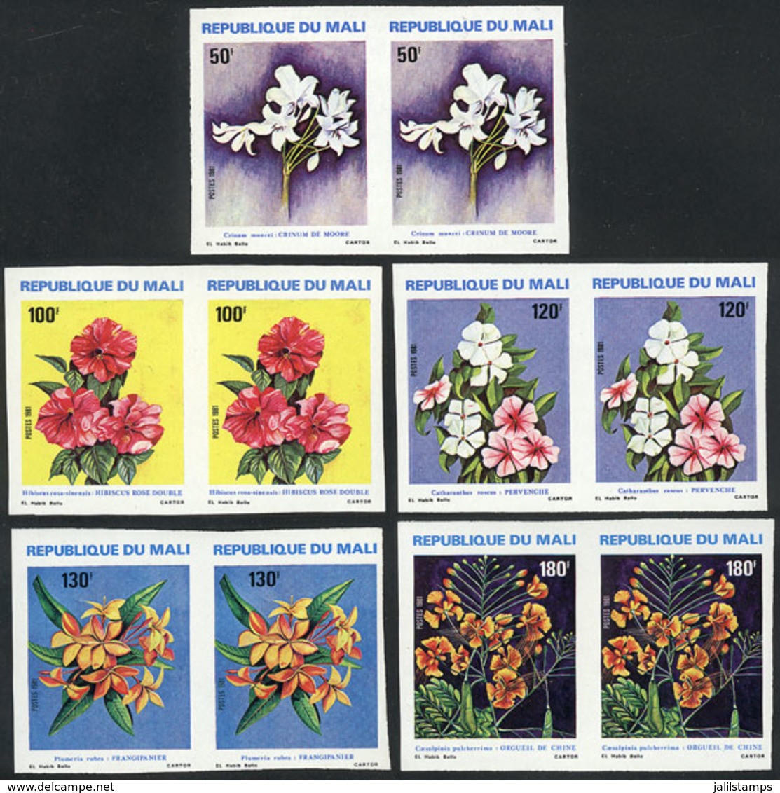 1001 MALI: Yvert 412/416, 1981 Flowers, Complete Set Of 5 Values, IMPERFORATE PAIRS, VF Q - Mali (1959-...)