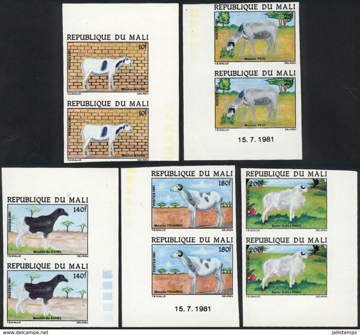 1005 MALI: Yv.432/436, 1981 Fauna (rams), Complete Set Of 5 Values, IMPERFORATE PAIRS, VF - Mali (1959-...)