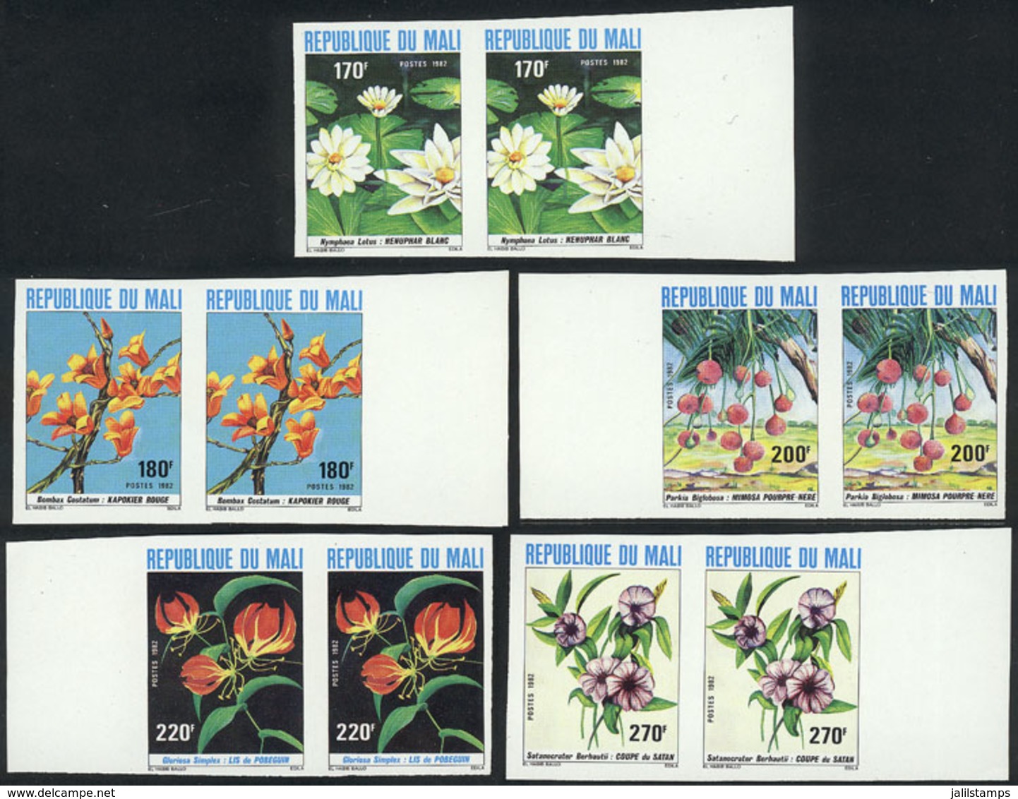 1006 MALI: Yvert 441/5, 1982 Flowers, Complete Set Of 5 Values, IMPERFORATE PAIRS, VF Qua - Mali (1959-...)