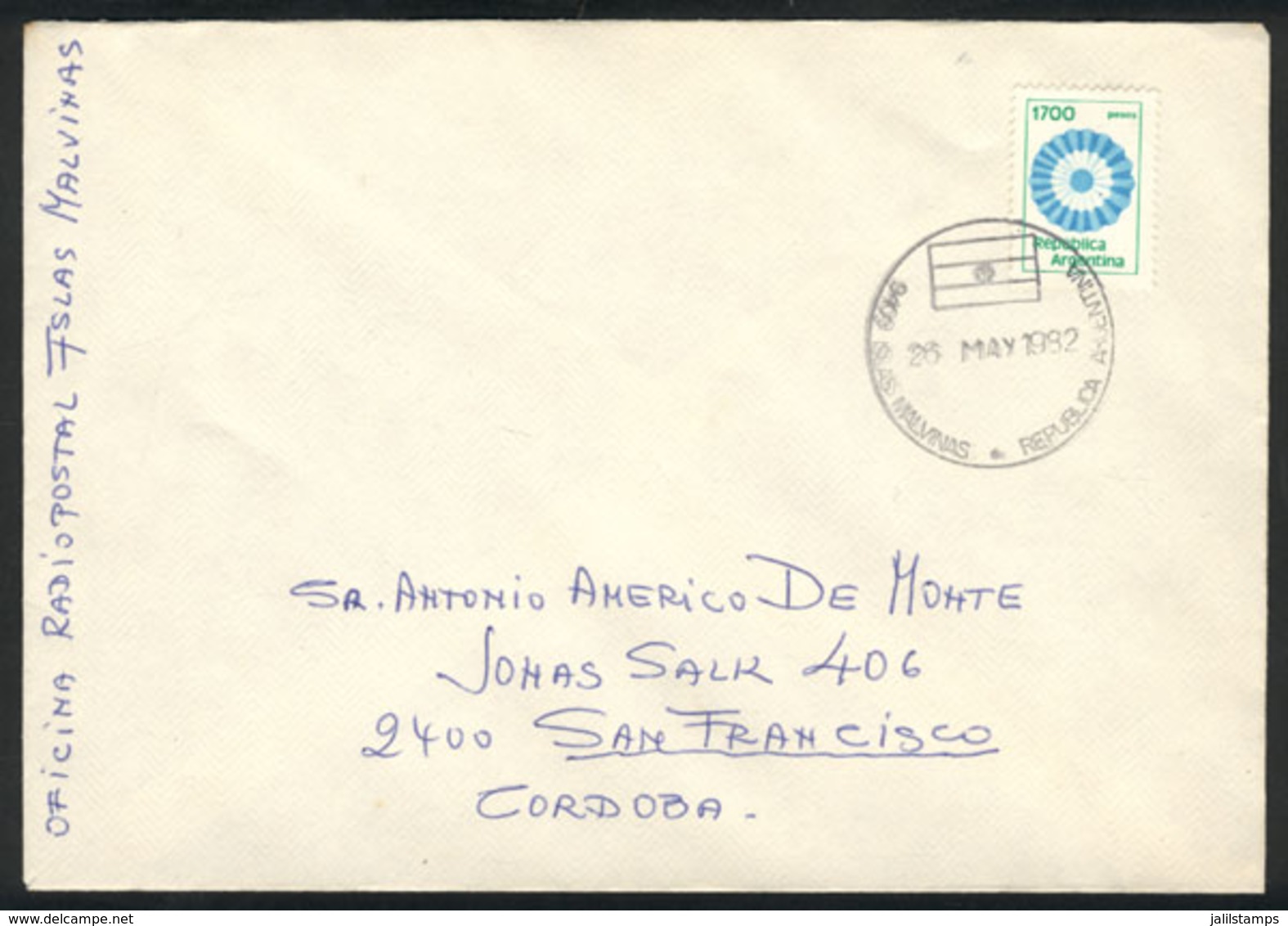 1045 FALKLAND ISLANDS/MALVINAS: "Cover Sent From Puerto Argentino To San Francisco (Córdo - Falkland