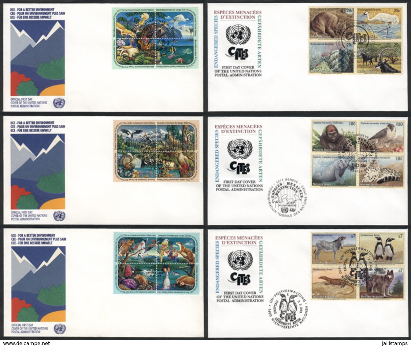 1085 UNITED NATIONS: 95 MODERN And Very Thematic First Day Covers, Of The 3 Offices, Exce - ONU