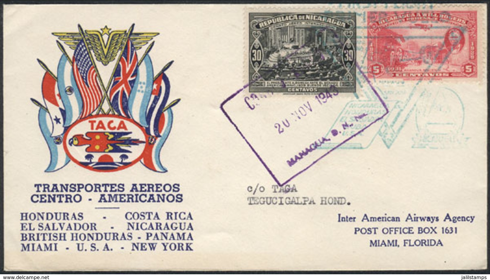 1092 NICARAGUA: 20/NO/1943 First Flight Managua-Tegucigalpa (Honduras)by TACA, Very Fine - Nicaragua