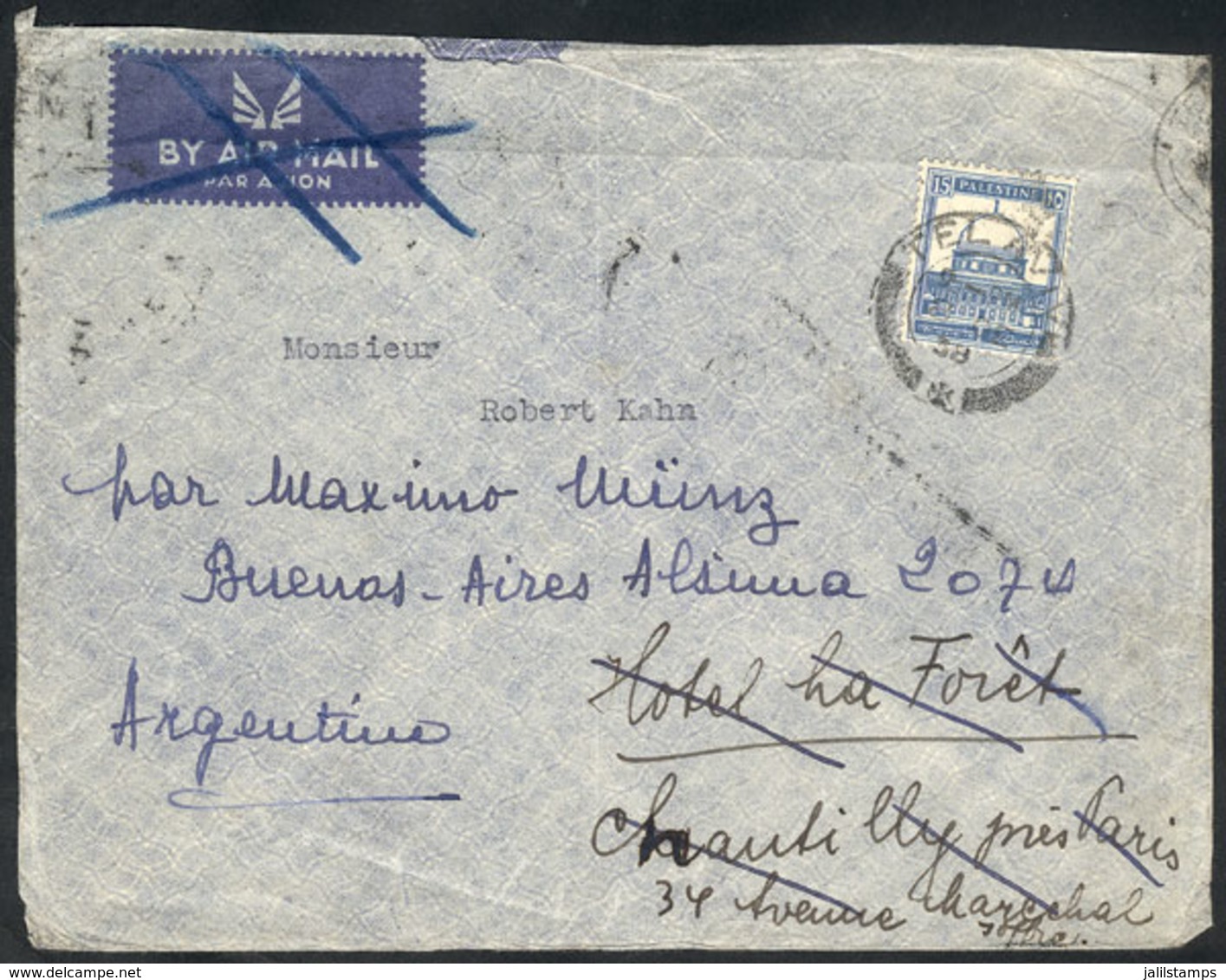 1105 PALESTINE: Airmail Cover Sent To France On 3/OC/1938, And Re-directed To Argentina, - Palestine