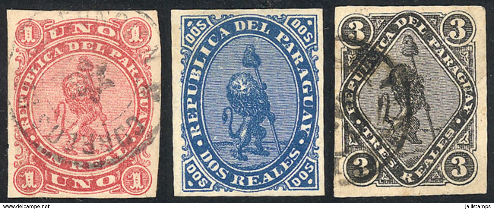 1108 PARAGUAY: Yvert 1/3, 1870 Lion, Cmpl. Set Of 3 Values, The 2R. Mint, The Rest Used, - Paraguay