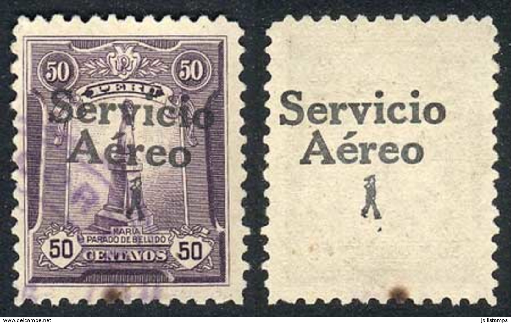 1123 PERU: Yvert 1, 1927 50c. With DOUBLE OVERPRINT Variety, One On Back, Used, VF, Extre - Pérou