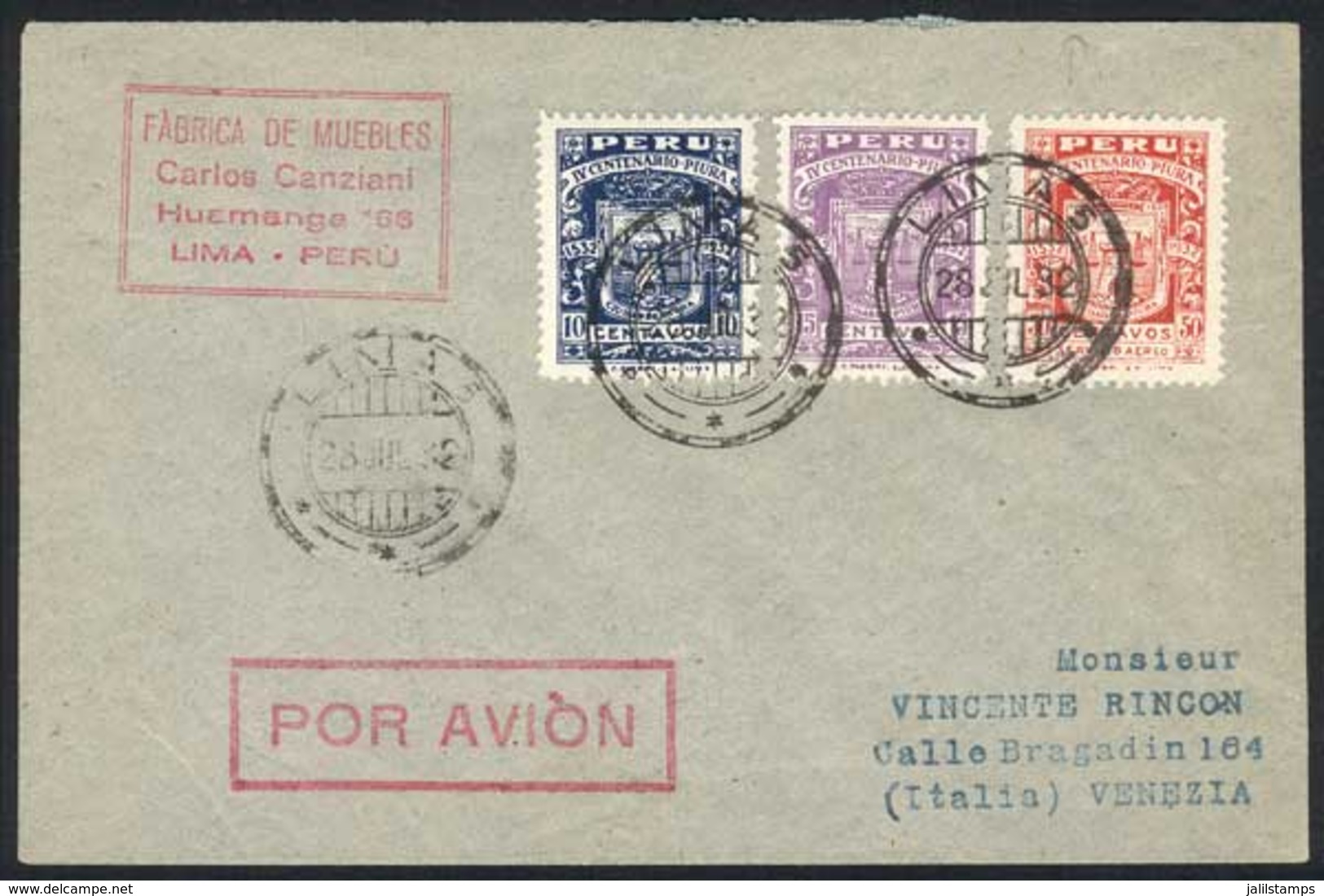 1126 PERU: Yvert 271/2 + A.3, 1932 Piura 400th Anniv., Complete Set Of 3 Values On A Cove - Pérou