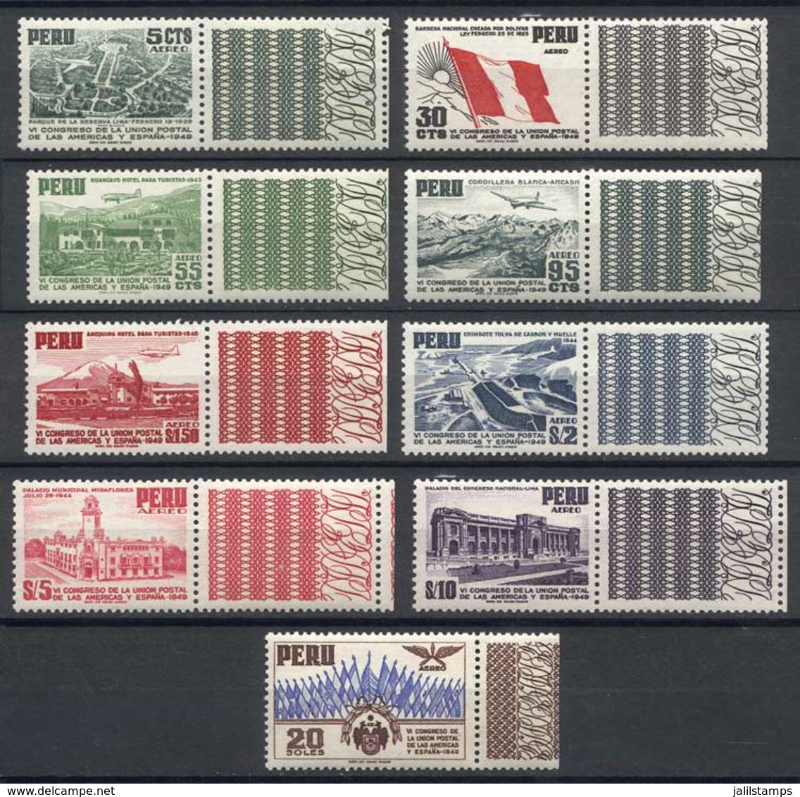 1134 PERU: Yvert 87/95 WITHOUT OVERPRINT, 1949 Unissued Set Of VI UPAE Congress, Compl. S - Pérou