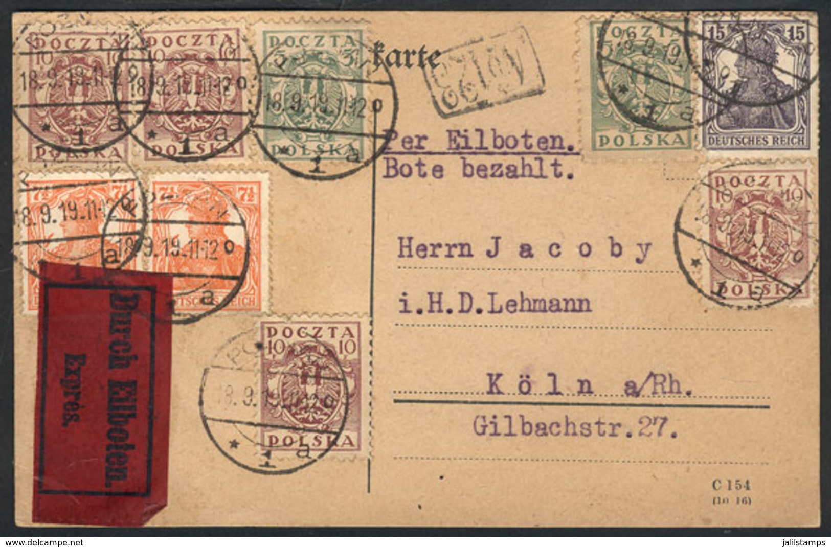 1145 POLAND: Card Sent From POSEN To Köln (Germany) On 18/SE/1919 With Mixed Postage Of P - Autres & Non Classés