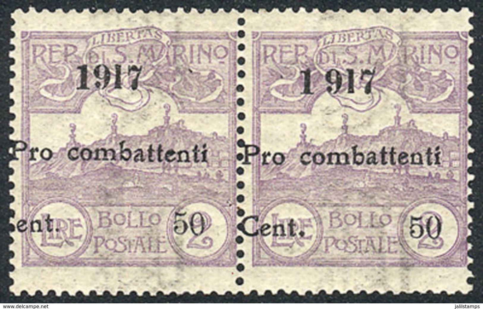 1175 SAN MARINO: Sc.B2, 1917 Pro-Combattenti 50c. On 2L. Violet, Mint Pair Of Very Fine Q - Autres & Non Classés