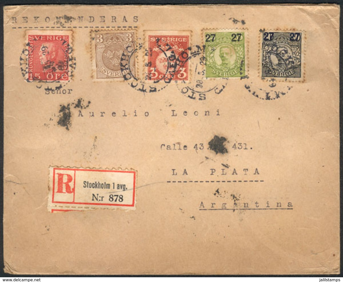 1182 SWEDEN: Registered Cover From Stockholm To Argentina On 28/MAY/1929, With Nice 5-col - Autres & Non Classés