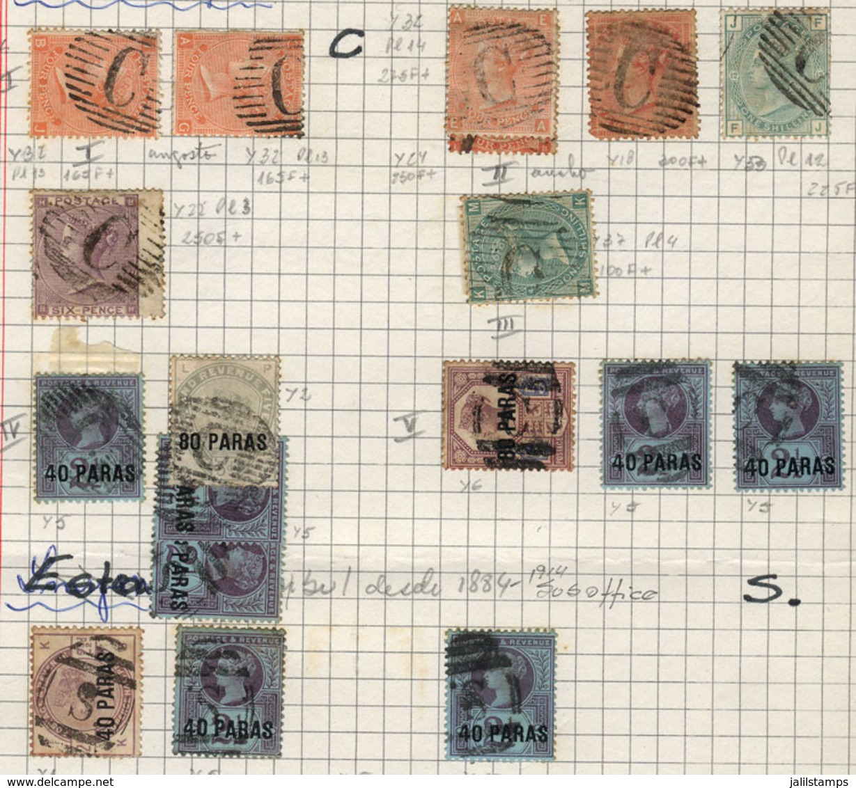 1216 TURKEY: Lot Of Old Stamps On 2 Album Pages, With Varied Cancels Of The BRITISH OFFIC - Autres & Non Classés