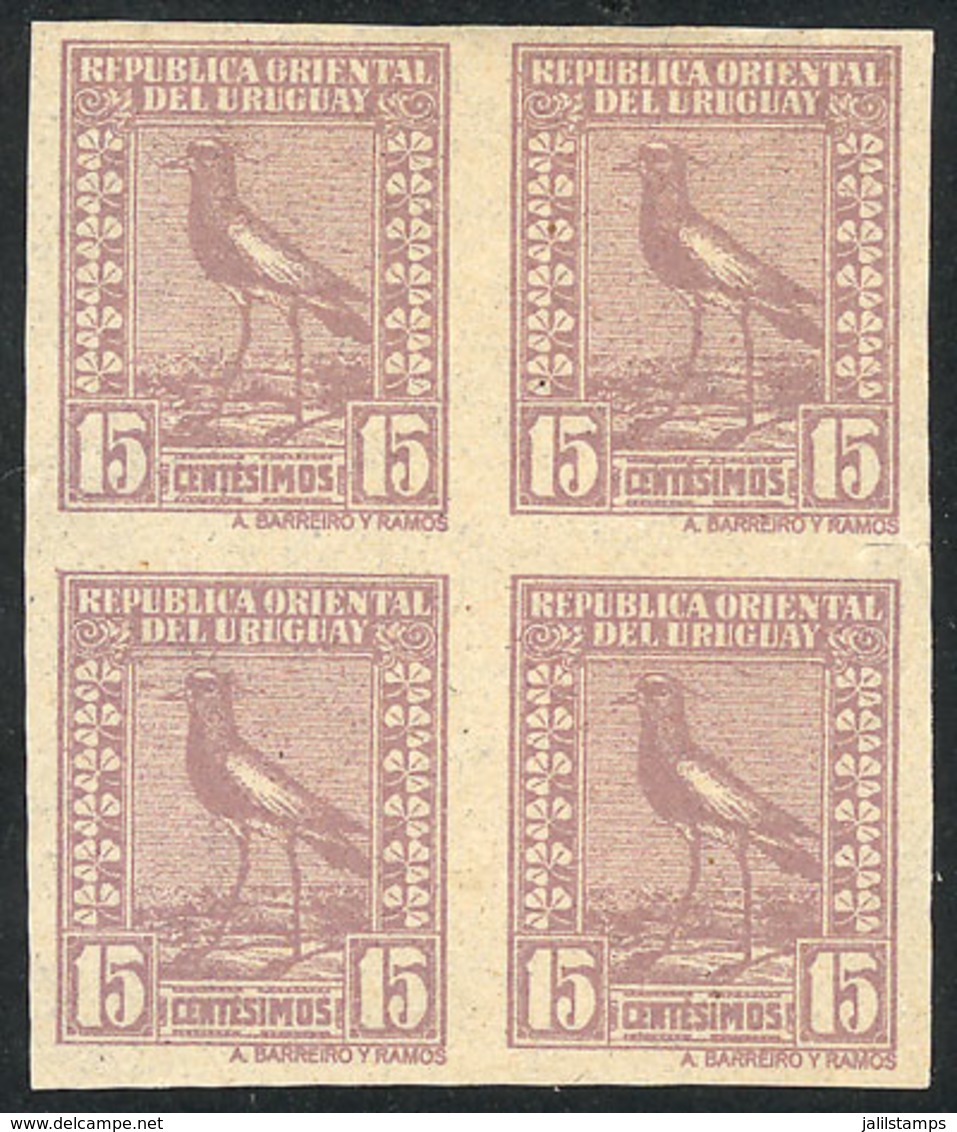1252 URUGUAY: Sc.293, 1924 Tero Southern Lapwing 15c., IMPERFORATE BLOCK OF 4, Excellent - Uruguay