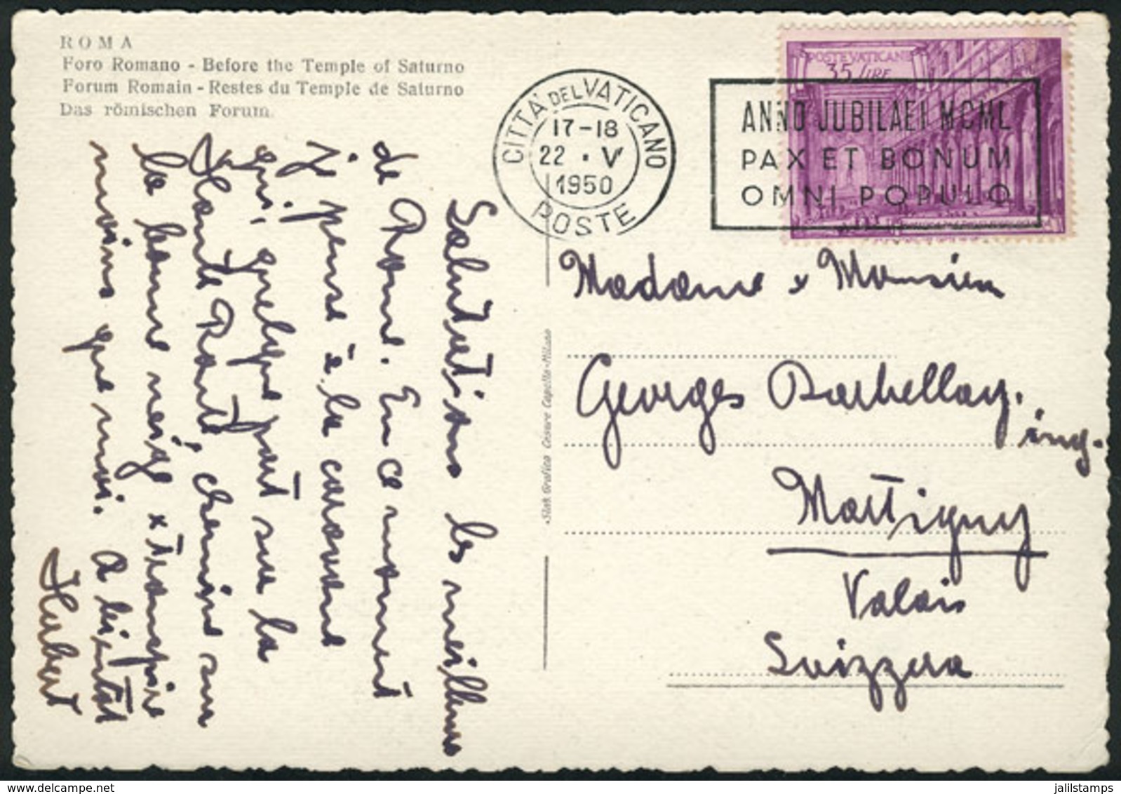 1278 VATICAN: Tarjeta Postal Con Buen Franqueo De 35L., Enviada El 22/MAY/1950 A Suiza, M - Autres & Non Classés