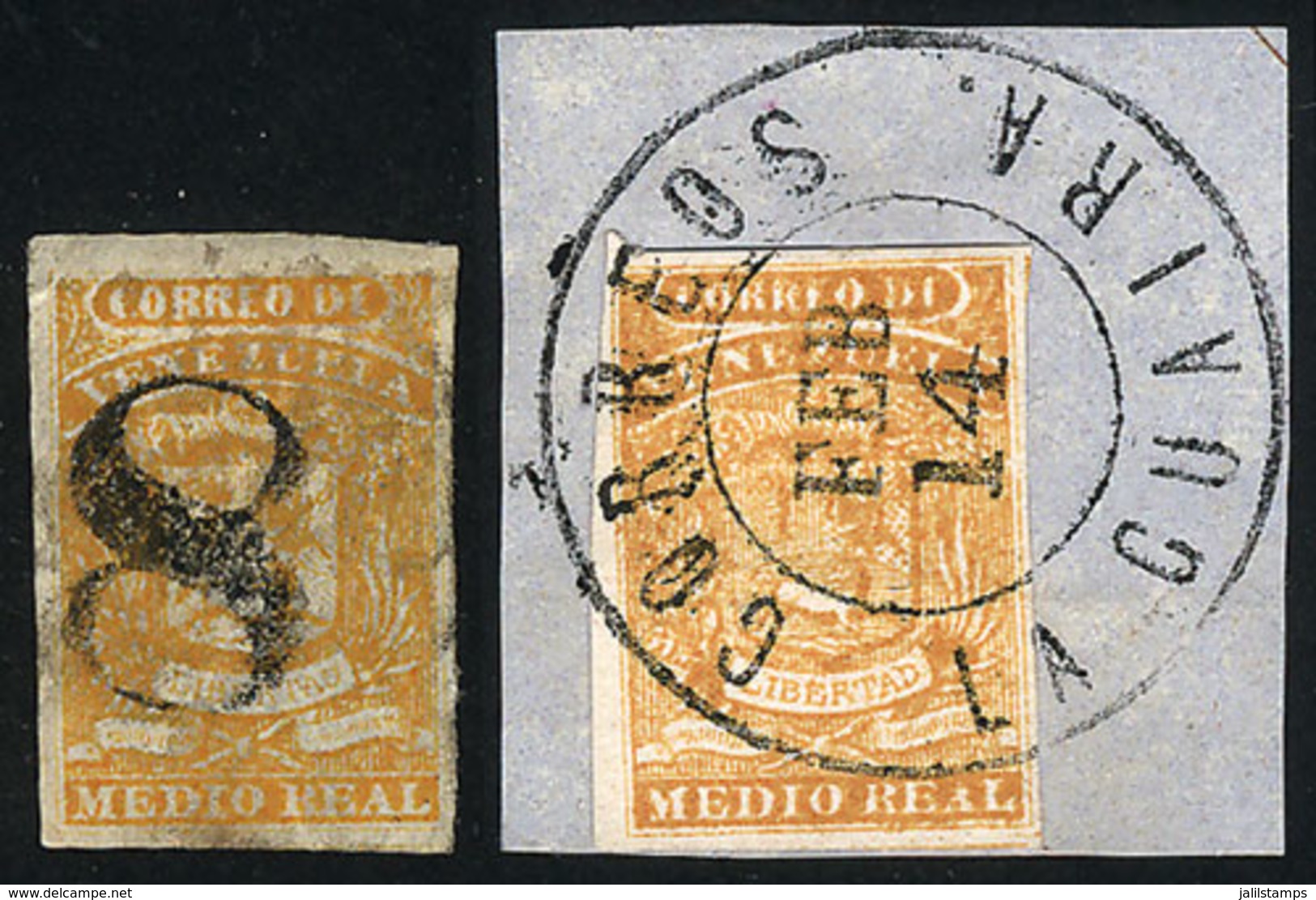 1280 VENEZUELA: Sc.1, 1859 ½r. Orange, Clear Impression (on Framgne With Cancel Of LA GU - Venezuela