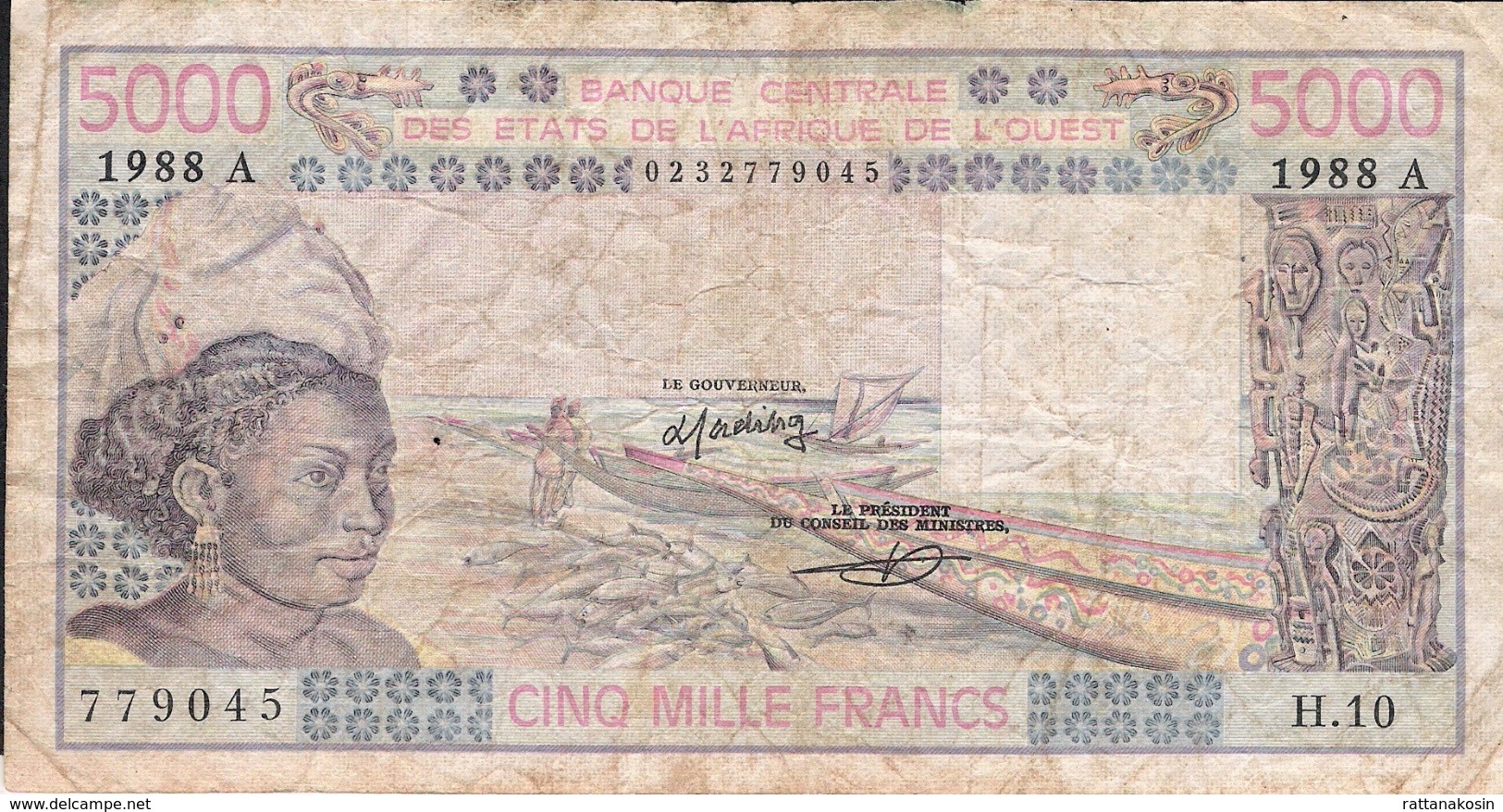 WEST AFRICAN STATES IVORY COAST P108Af 5000 FRANCS (19)88 AVF NO Tear,NO P.h. - Stati Dell'Africa Occidentale