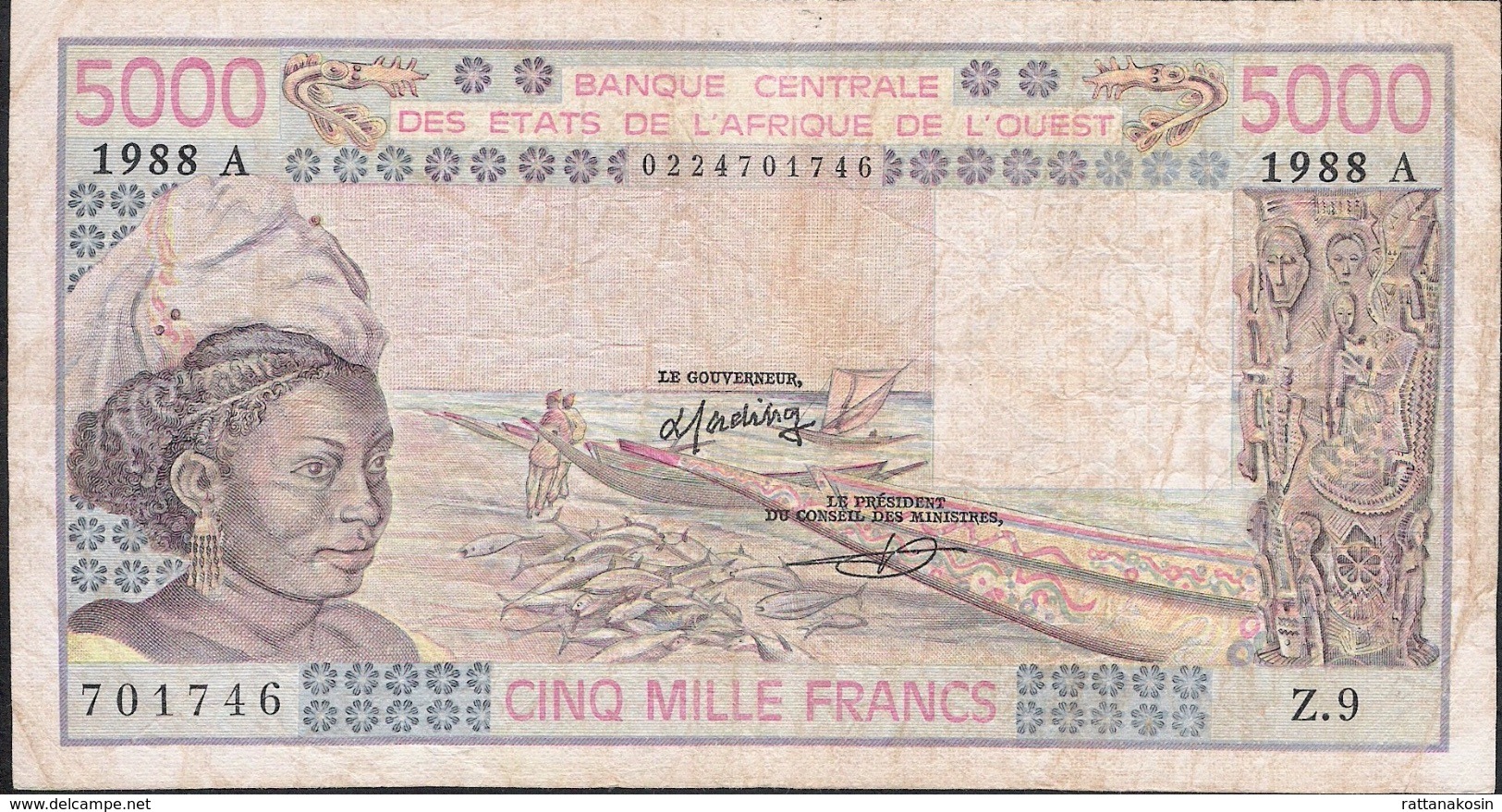 WEST AFRICAN STATES IVORY COAST P108Af 5000 FRANCS (19)88 AVF NO Tear,NO P.h. - États D'Afrique De L'Ouest