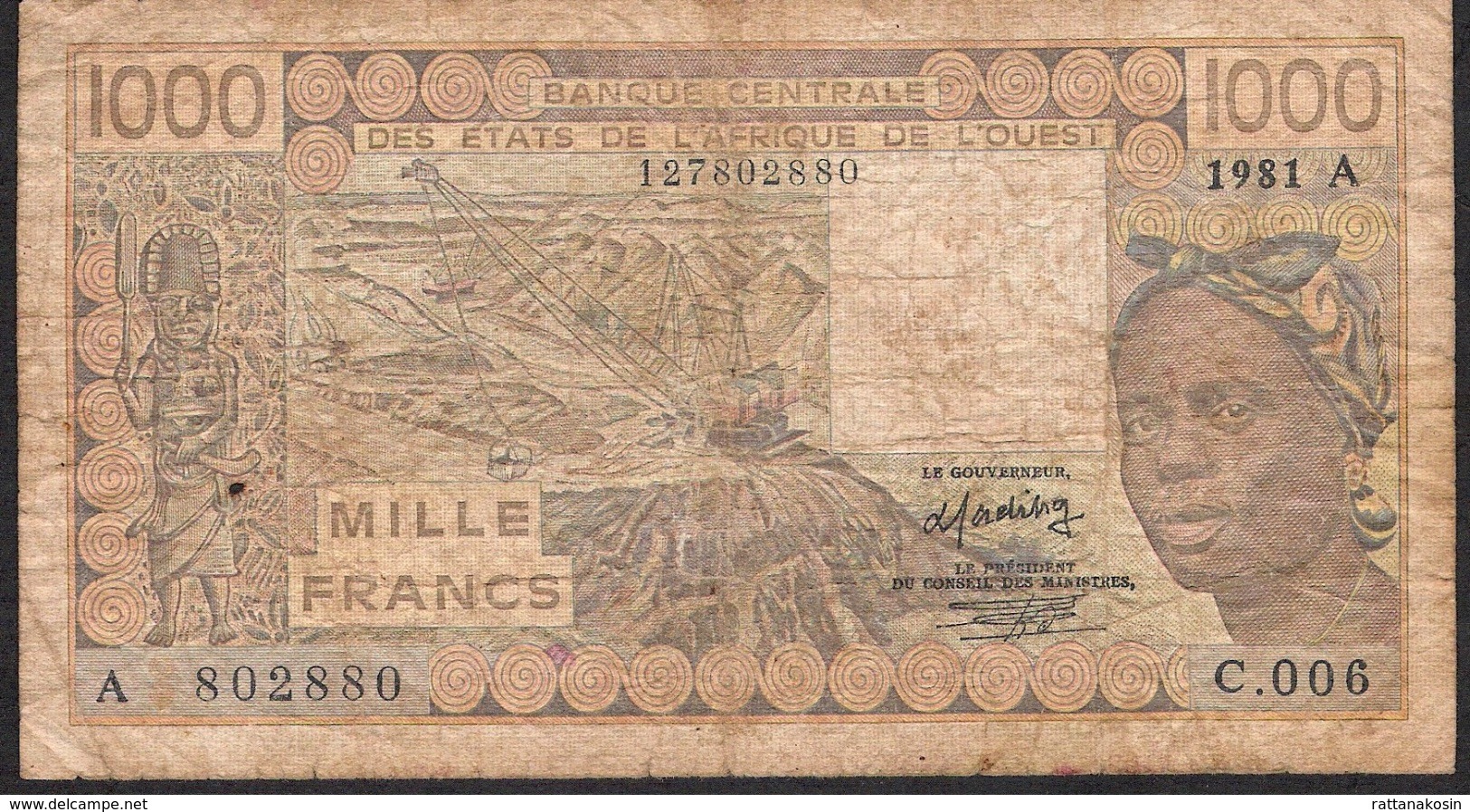 WEST AFRICAN STATES IVORY COAST P107Ab 1000 FRANCS 1981 FINE - West African States