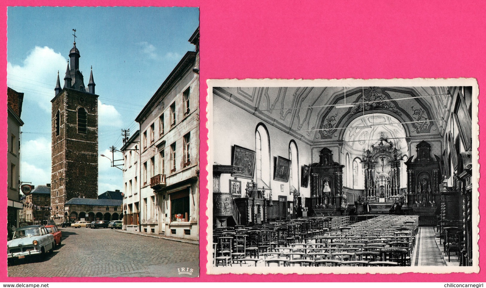 2 Cp - Thuin - Le Beffroi - Tour Du Chapitre - Intérieur De L'Eglise De La Ville Haute - Vieilles Voitures - FINA - Thuin