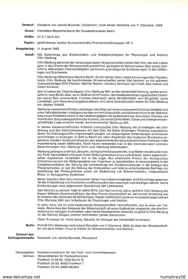 1983 - DEUTSCHLAND - FDS [ETB 16/1983] + Michel 1184 (Otto Heinrich Warburg) + BONN 1 - 1981-1990