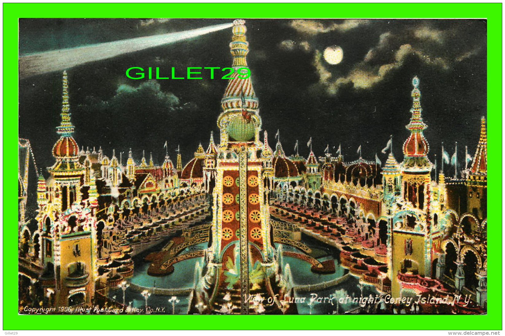 CONEY ISLAND, NY - VIEW OF LUNA PARK AT NIGHT -  1906 ILLUSTRATED POST CARD &amp; NOV. CO - - Parks & Gärten